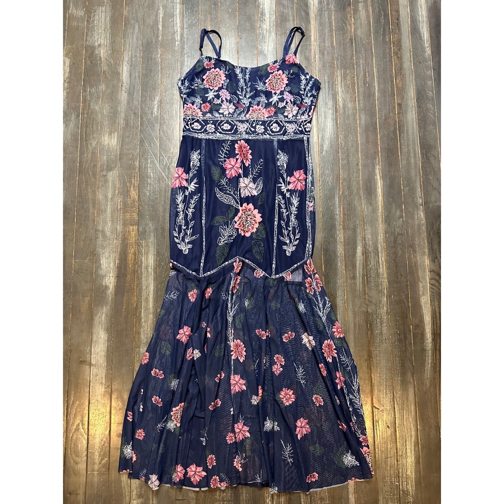 Anewsta Blue Floral Embroidered Print Mesh Maxi Dress Mermaid Gown